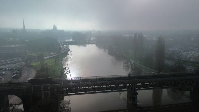 Aerial view of a flooded river through Worcester